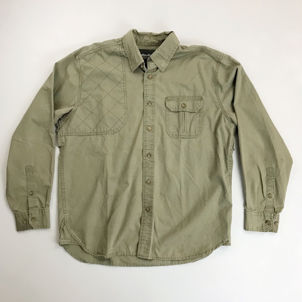 EDDIE BAUER Vented Hunting Field Shirt Medium Cotton Canvas Distressed Green